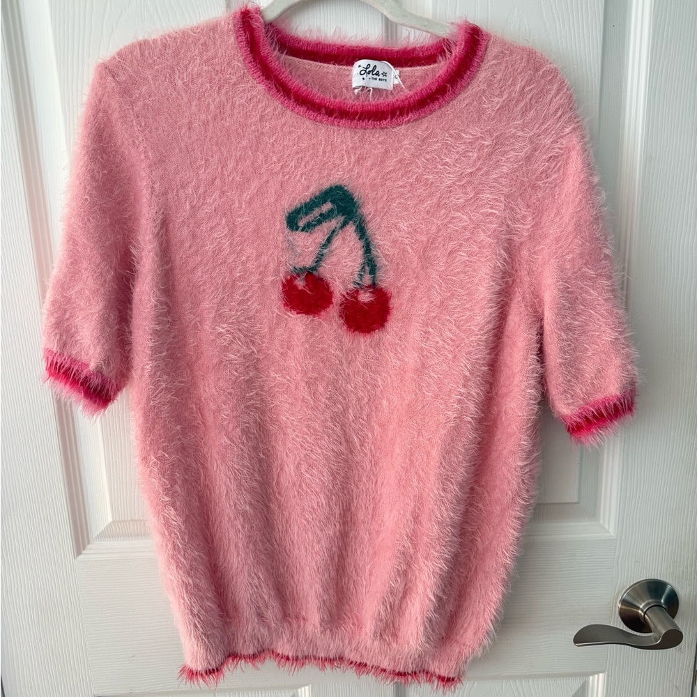 NWOT Lola + The Boys Pink Fuzzy Cherry Sweater Top | Size S Women’s